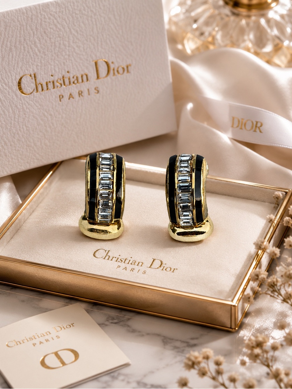 Dior Gold and Black Crystal Clip-On Hoop Earrings (NO BOX)